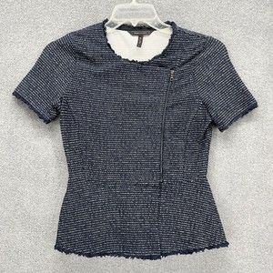 BCBGMAXAZRIA Tweed Peplum Top Womens Size‎ S navy Blue Zip Front Short sleeves